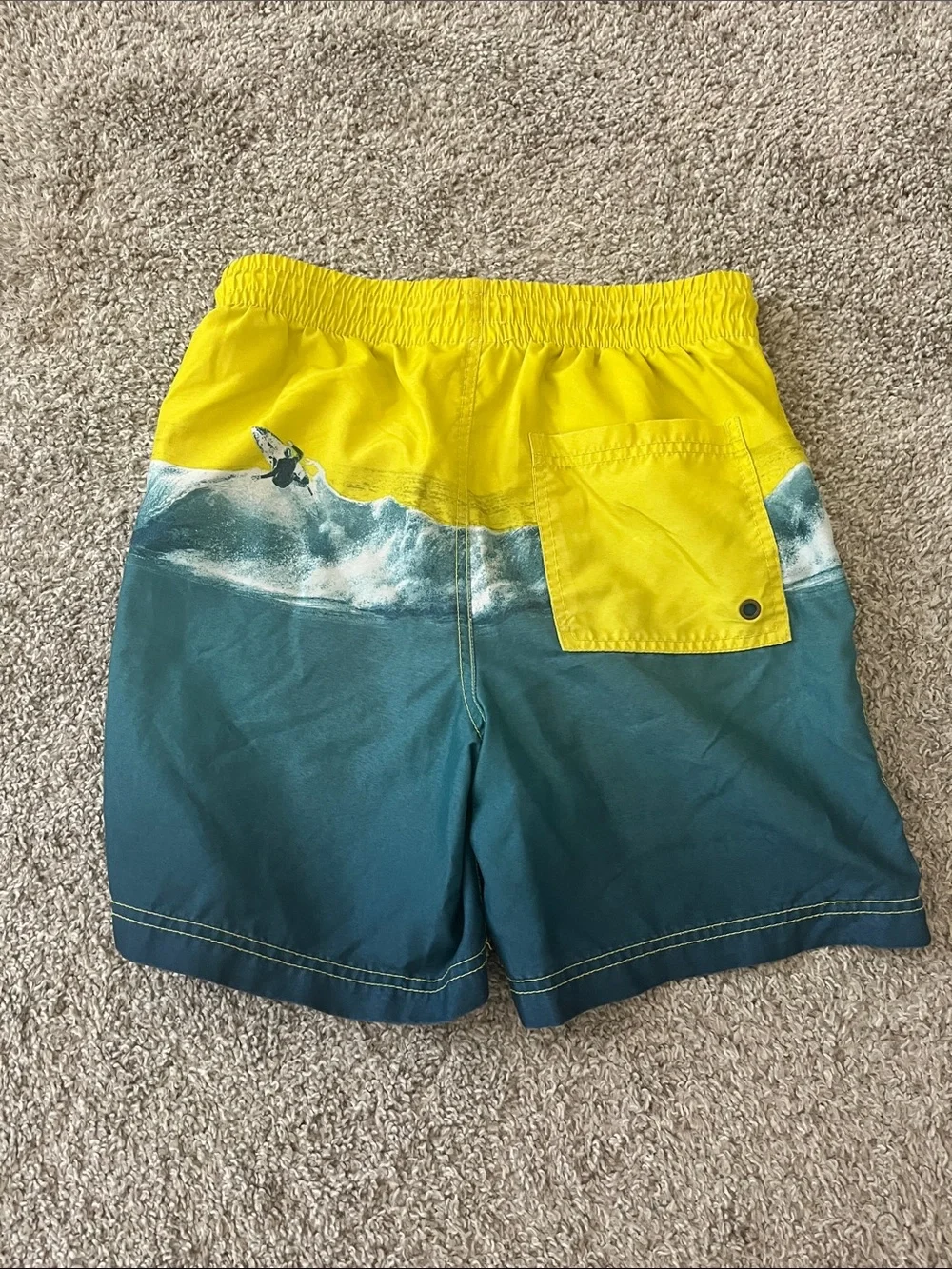 Old Navy Yellow and Teal Wave-Print Boys' Swim Trunks